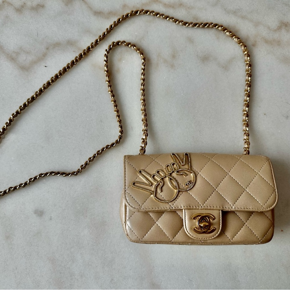Light Gold Quilted Lambskin and Strass V for Victory Mini